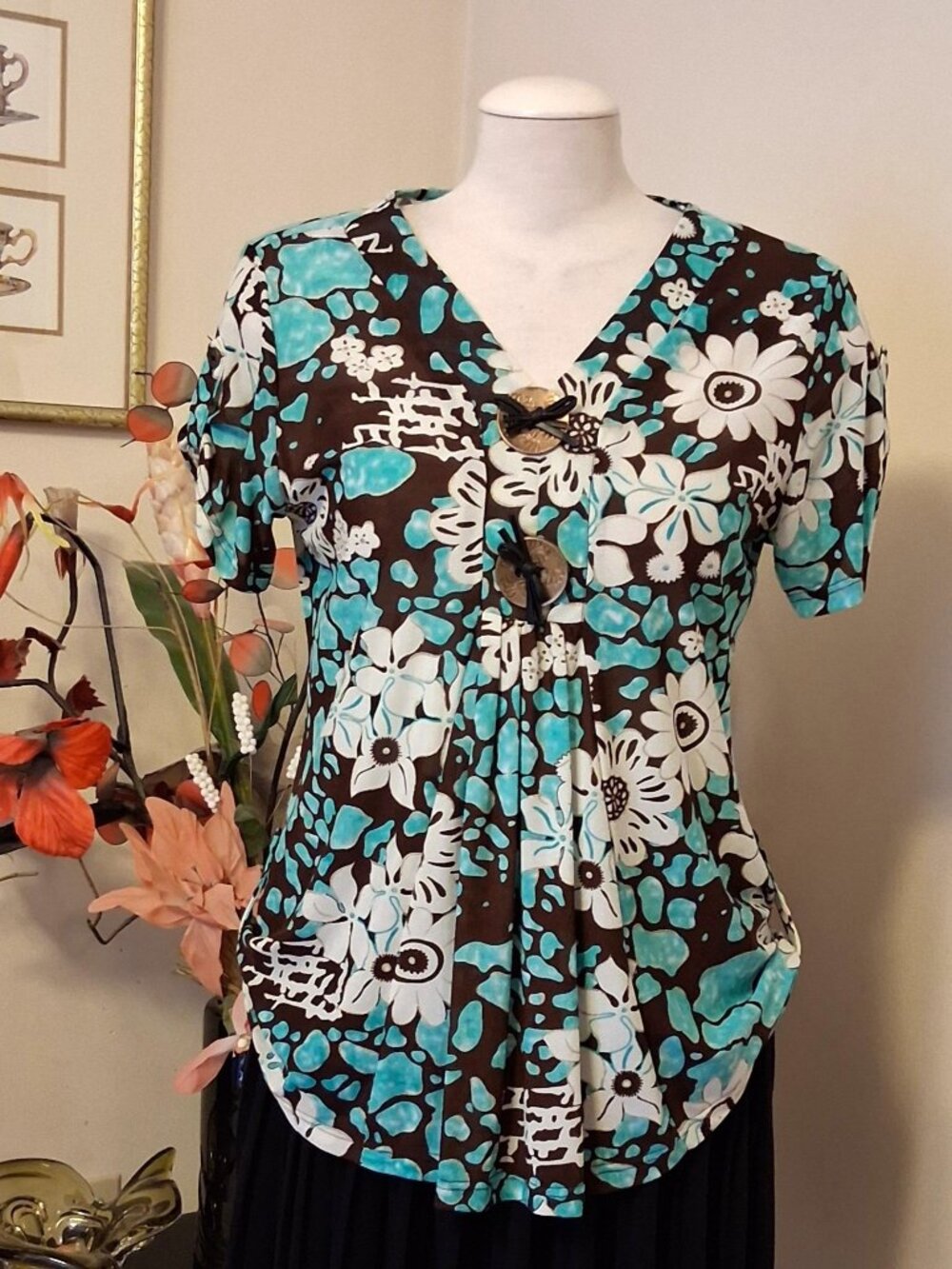 NWT Women’s Pleated Floral Printed Short Sleeve Blouse Well Tailored Quality Top